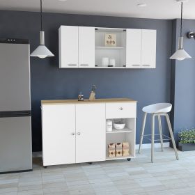 Tigard Two Piece Kitchen Set, Kitchen Island + Wall Cabinet, White / Light Oak
