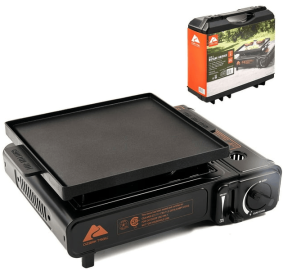 Ozark Trail 2 in 1 Butane Griddle, Green Color, 7650 BTU, Piezo-Electric 2.2kw, Cast Aluminum Griddle, Compact - Lightweight