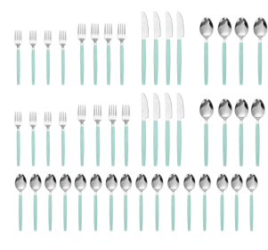 Mainstays 49 Piece Stainless Steel and Plastic Flatware Set with Tray, Teal Blue, Service for 8