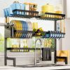 Over The Sink Dish Drainer Drying Rack with Utensil Knife Holder, Hooks, Stainless Steel Kitchen Organizers and Storage Solution