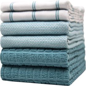 Premium Kitchen Towels (20'x 28', 6 Pack) | Large Cotton Dish Towels | Flat & Terry Highly Absorbent Kitchen Linen Set with Hanging Loop | Teal Check