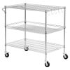 Kitchen Utility Cart, 3 Tier Heavy Duty Adjustable Wire Storage Rack, Commercial Steel Rolling Service Trolley on Wheels, Work Table with Handle Bar