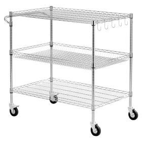 Kitchen Utility Cart, 3 Tier Heavy Duty Adjustable Wire Storage Rack, Commercial Steel Rolling Service Trolley on Wheels, Work Table with Handle Bar