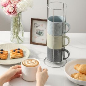 Coffee Mugs with Metal Stand,15 oz Ceramic Stackable Mug Set Embossed Latte Cup, Ceramic Coffee Cups with Handle for Cappuccino and Tea, Multi Color