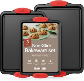 Baking Pan Set – 3 Piece Cookie Sheet – Deluxe Black Non-Stick Carbon Steel – Silicone Handles – Commercial Grade Restaurant Quality – PFOA PFOS and P