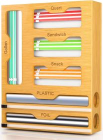 Bag Organizer and Plastic Wrap Dispenser with Cutter, 6 In 1 Bamboo Foil and Plastic Wrap Organizer for Kitchen Drawer