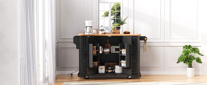 K&K 56 inch Kitchen Island with Rubber Wood Veneer Drop Leaf, Power Outlet, 4 Door Shelves