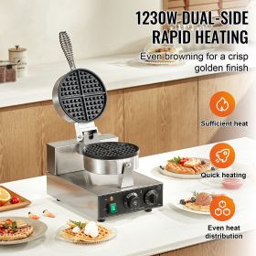 Commercial Waffle Maker, 1230W Round Waffle Baker Machine, Non-Stick Stainless Steel Belgian Waffle Iron with Temperature and Time Control, Handle