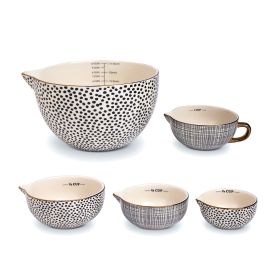 5-Piece Ceramic Mixing Bowl and Measuring Bowl Set, Dot Pattern