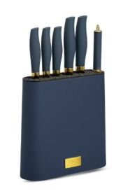 Thyme & Table 7-Piece Slim Block Knife Set with Gold Blades and Blue Block