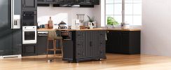 K&K 56 inch Kitchen Island with Rubber Wood Veneer Drop Leaf, Power Outlet, 4 Door Shelves