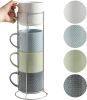 Coffee Mugs with Metal Stand,15 oz Ceramic Stackable Mug Set Embossed Latte Cup, Ceramic Coffee Cups with Handle for Cappuccino and Tea, Multi Color