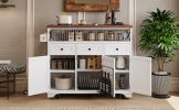 K&K 46.5'' Farmhouse Kitchen Island with Drape of Beads, Power Outlet, Rolling Kitchen Cart on Wheels with Drop Leaf, 3 Doors