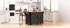 K&K 56 inch Kitchen Island with Rubber Wood Veneer Drop Leaf, Power Outlet, 4 Door Shelves