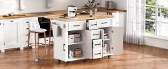 K&K 56.5'' Kitchen Island with Drop Leaf, Power Outlet, Embossed Vertical Stripe Rolling Kitchen Cart on Wheels with 4 Doors