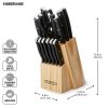 15-Piece Triple Rivet Kitchen Knife Block Set with Natural Wood Block and Black Handles