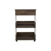 Modern Kitchen Cart 35" H, Four Casters, Three Shelves, White / Dark Walnut