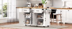 K&K 56.5'' Kitchen Island with Drop Leaf, Power Outlet, Embossed Vertical Stripe Rolling Kitchen Cart on Wheels with 4 Doors