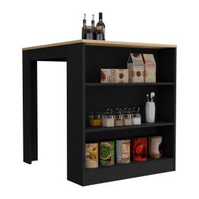 Milos Kitchen Island Table, Two Legs, Three Side Shelves (Color: Black / Pine)