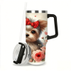 1pc Cute Bow Yorkshire Terrier Tumbler, Floral Printed Stainless Steel Car Cup, Adorable Pet Water Bottle for Dog Lovers, Portable Girly Travel Mug