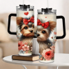 1pc Cute Bow Yorkshire Terrier Tumbler, Floral Printed Stainless Steel Car Cup, Adorable Pet Water Bottle for Dog Lovers, Portable Girly Travel Mug