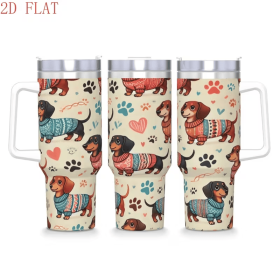 1pc 2D Flat Printed Dachshund Tumbler, Stainless Steel Car Cup with Retro Polka Dot & Paw Print, Cute Vintage Sweater Dog Water Bottle (Capacity: 40oz, Color: White)