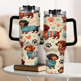 1pc 2D Flat Printed Dachshund Tumbler, Stainless Steel Car Cup with Retro Polka Dot & Paw Print, Cute Vintage Sweater Dog Water Bottle (Capacity: 40oz, Color: Black)