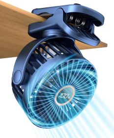 Portable Mini Personal Fan, Small Rechargeable Battery Powered Stroller Fan for Desk, Strong Clamp Grip, 360Â° Rotation, 3-Speed, LED Display (Color: Blue)
