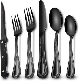 24-Piece Black Silverware Set with Steak Knives, Black Flatware Set for 4, Food-Grade Stainless Steel Tableware Cutlery Set (material: stainless steel)