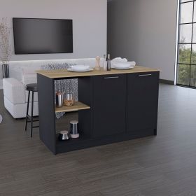 Coral Kitchen Island with Large Countertop, Open Storage Shelves and Double Door Cabinet (material: Manufactured Wood, Color: Macadamia / Black)