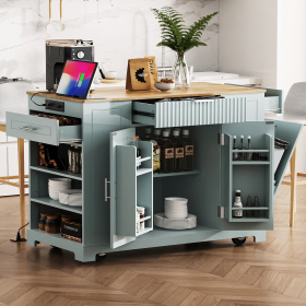 Fluted Kitchen Island with Trash Can Storage Cabinet, Power Outlet, Internal Storage Rack, Rolling Kitchen Islands on 5 Wheels with 3 Drawer (material: MDF,Rubber Wood, Color: Grey+Blue)