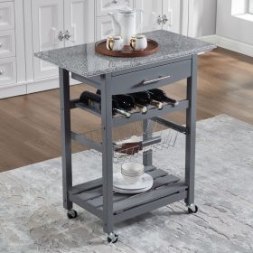 Mobile Rolling Kitchen Island Trolley Serving Cart with Underneath Drawer & Slide-Out Wire Storage Basket (Main Material: Marble+Metal, Main Color: Grey)