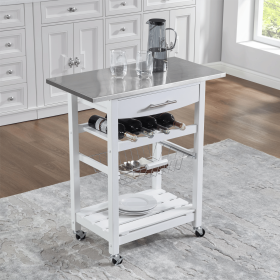 Mobile Rolling Kitchen Island Trolley Serving Cart with Underneath Drawer & Slide-Out Wire Storage Basket (Main Material: Wood + Stainless Steel, Main Color: White)