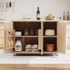 51.2"W Ash Veneer Solid Wood Handwoven Kitchen Island with Drop Leaf, Coastal Kitchen Island on Wheels with Internal Storage Rack