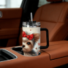 1pc Cute Bow Yorkshire Terrier Tumbler, Floral Printed Stainless Steel Car Cup, Adorable Pet Water Bottle for Dog Lovers, Portable Girly Travel Mug