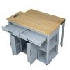 47 inch Kitchen Island with Extendable Dining Table, Rubber Wood Veneer Kitchen Table with Internal Storage Rack, Power Outlet